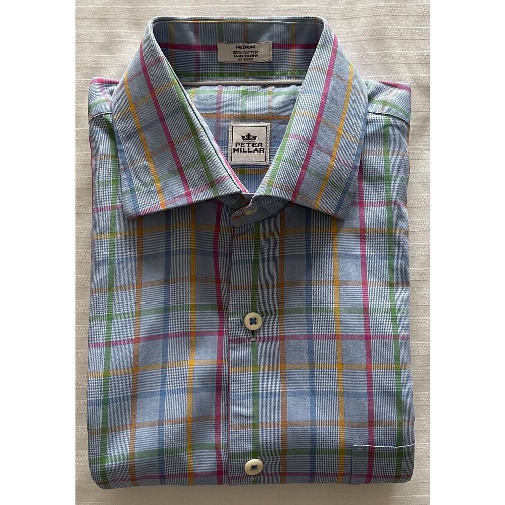 Peter Miller Men's Dress Shirt M Light Blue w/Orange/Red/Green Criss Cross A+